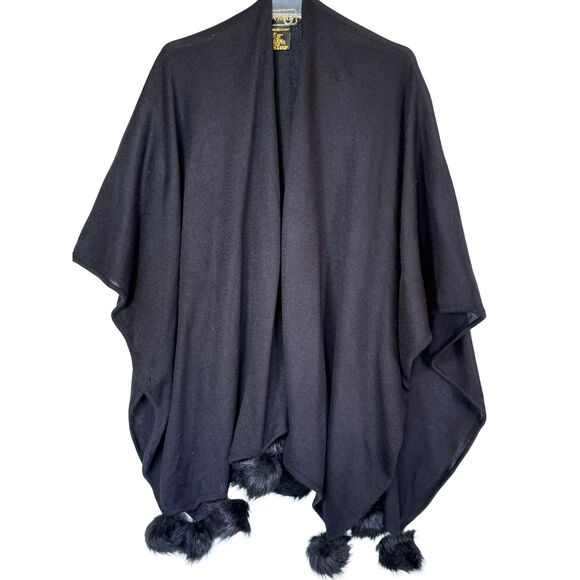 Vintage IVANA Black Shawl Wrap | Faux Fur Pom Trim | Made in Hong Kong | OS - Picture 1 of 4